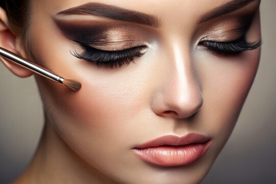 Delicate brush strokes of a precise makeup application tool on a woman's closed eyelid, showcasing expert eyeshadow technique and skill.