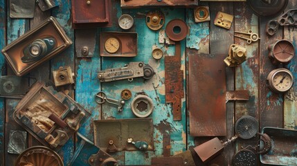 An interesting background featuring an array of unusual objects and textures, such as rusted metal, cracked paint, and vintage items, creating a visually intriguing and eclectic look, perfect for