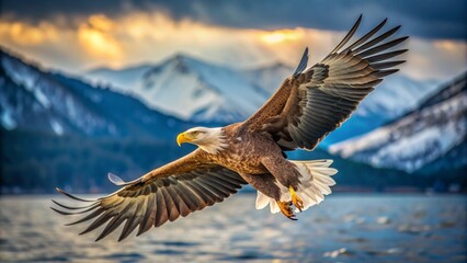 Obraz premium A white-headed eagle soaring through the air, in flight. Photography of birds. Image on a banner, billboard, calendar, window, poster.