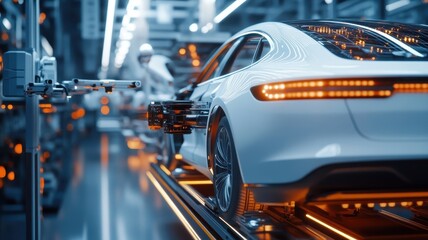 Fototapeta premium Futuristic car factory with robots and humans assembling electric vehicles.