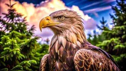 Obraz premium White-headed eagle close-up image, sitting on a branch, tree, nest, image for calendar, advertisement, banner