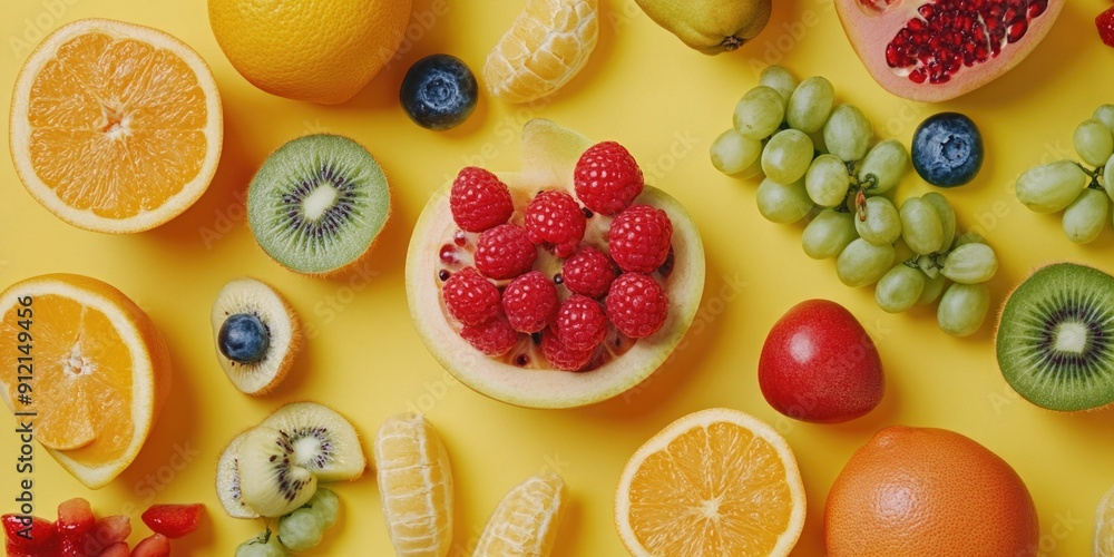 Poster Fresh fruit arrangement on yellow surface