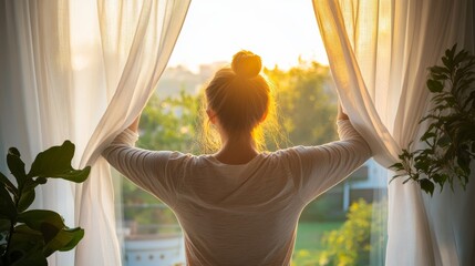 Woman opening window curtains at home for starting new day, enjoying wellbeing, good morning, feeling happy, breathing fresh air, relaxing on weekend.