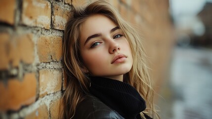 Fototapeta premium Young woman against brick wall