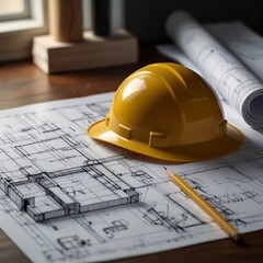 Blueprint floor plan architectural project on the table with yellow helmet and pencil
