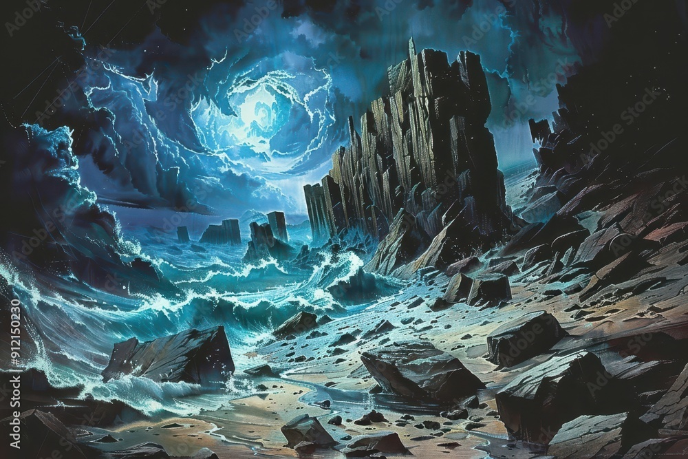 Wall mural a dark and stormy seascape with a large glowing moon and towering rocky cliffs