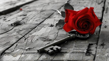 Red Rose and Vintage Key on Weathered Wood