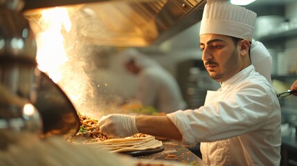 Chef Preparing a Dish with Flames in the Kitchen