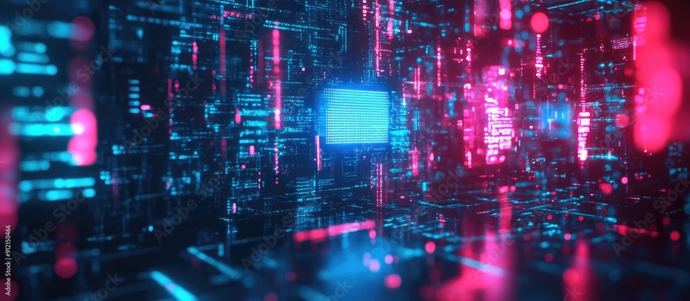 Poster 3d rendered text depicting ai technology with screen glitches and visual interference effects