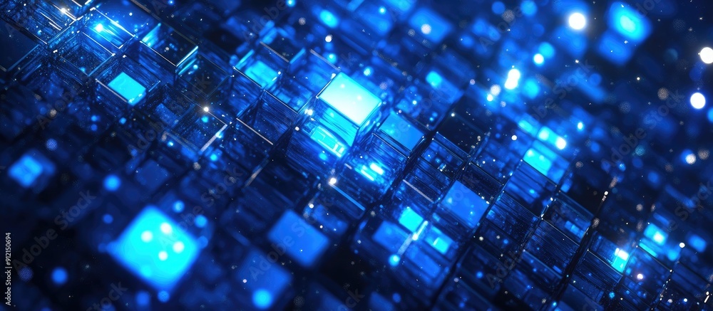 Poster abstract blue mosaic background featuring luminous squares digital technology concept with bright pi