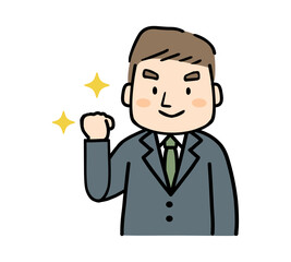 片手でガッツポーズをするスーツ姿の男性