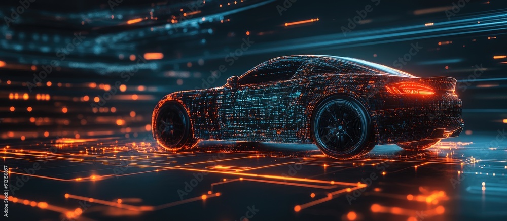 Poster abstract representation of data processing and scanning over a spinning car illustration on a dark b