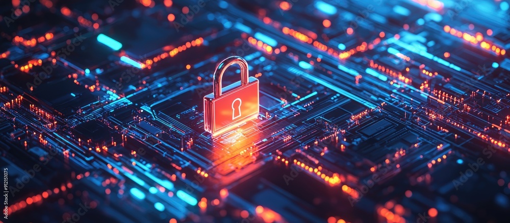 Poster cybersecurity and data protection concept digital padlocks on abstract technology background modern 