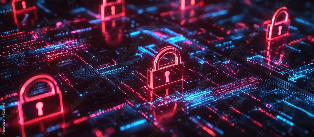 Poster cybersecurity and data protection concept digital padlocks on abstract technology background modern 