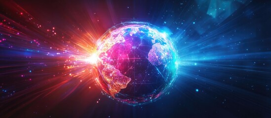 Obraz premium Artistic depiction of a globe featuring a geometric design against a dark background radiating vibrant colorful light