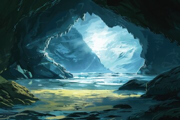 Obraz premium A shadowy cave reveals a breathtaking view of a distant snowy mountain range and a tranquil sea