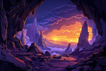 A View From Within a Cave Reveals a Striking Sunset Over a Dramatic Mountain Range