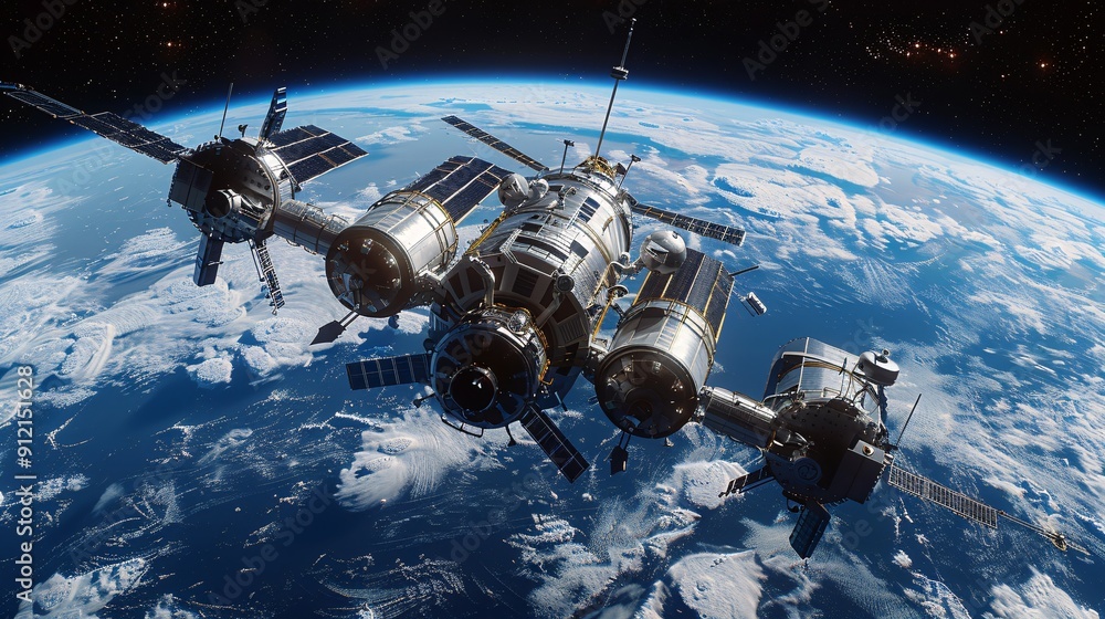 Wall mural a 3d depiction of a space station orbiting a planet, created with high-quality digital art in good q