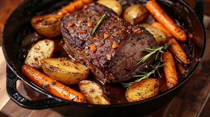 An iconic American beef chuck roast with potato and carrot.