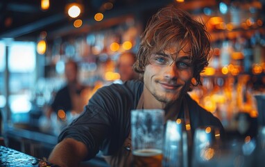 A Scandinavian bartender expertly crafts cocktails at a bustling urban bar, showcasing his skills and creativity under warm ambient lighting