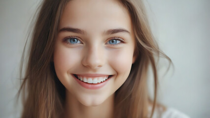 Fototapeta premium A beautiful girl's face looks calm and happy, her vivid eyes sparkle, her generous smile around her mouth, her skin and smile shine more, Spanish Mexican-German Beauty, 美少女, korean girlgroup, 