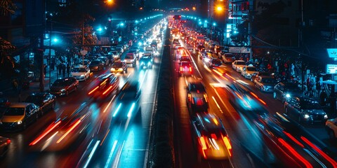 Fototapeta premium Vague, indistinct lights from vehicles on a roadway after dark create an abstract urban atmosphere.