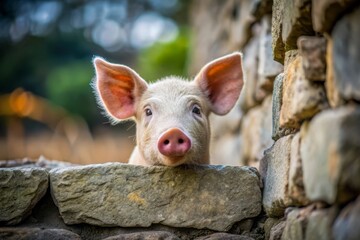 Fototapeta premium Curious Piglet Peeking Through Stone Wall.