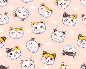 Obraz premium Cute cats seamless pattern. The animal's head is in a flat style. Suitable for printing on paper and fabric. Vector background. 