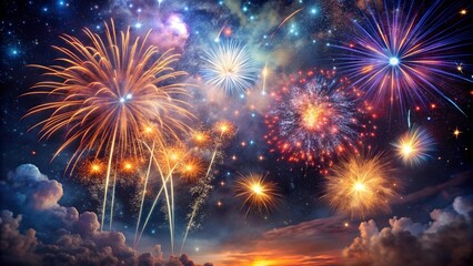 Fototapeta premium Celestial Symphony: A Night Sky Bursting with Cosmic Fireworks Generative AI