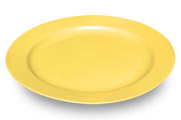 Yellow circle ceramics plate isolated on white background.