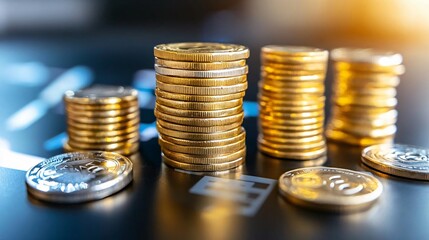 Close-up of stacked coins on a dark surface, showcasing investment and financial growth in a vibrant light.