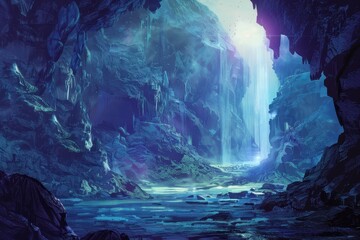 A majestic waterfall cascades down a rocky cliff illuminating a hidden cave with ethereal light
