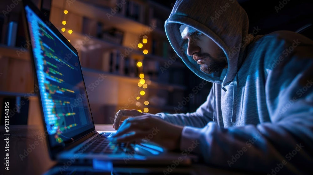 Poster a hacker in a hoodie steals data from a computer, focusing intensely on the screen illuminated in a 