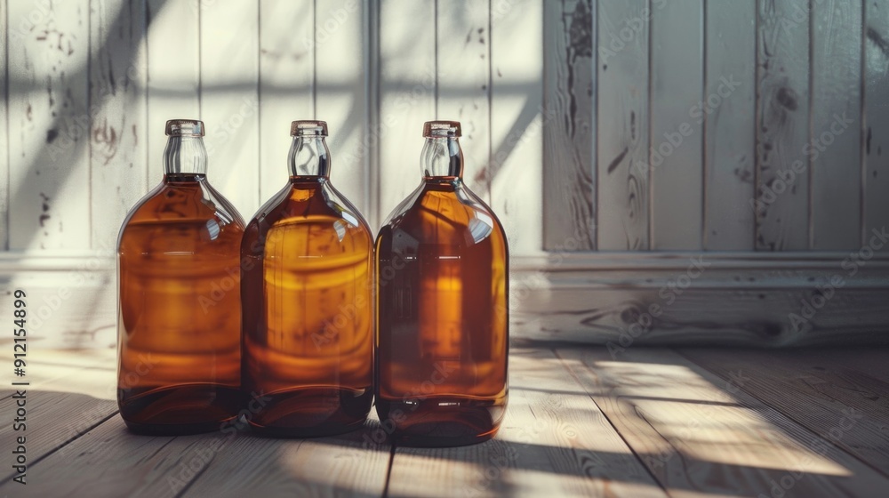 Wall mural Three brown glass bottles sit atop a wooden floor, perfect for still life photography or product displays