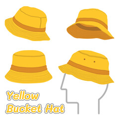 Set Blank Yellow Bucket Hat Vector For Template. Yellow Fisherman Hat. Yellow Bucket Hat Technical Fashion Illustration. Yellow Bucket Hat Isolated on White Background. Elements for design.
