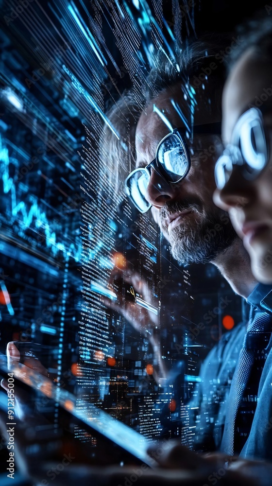 Poster professional team analyzing data trends with digital interface, showcasing modern technology in a co