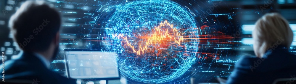 Poster two professionals analyze data and trends on screens, surrounded by digital graphs and global statis
