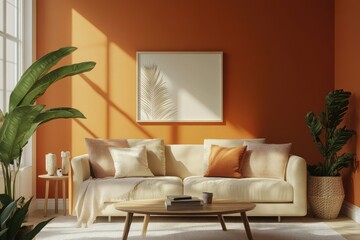 Cozy Living Room Interior Design Featuring Orange Wall and Beige Sofa in Brightly Lit Space