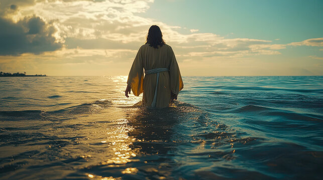 Jesus Christ Walking on Water at Sunset, Divine Miracle, Tranquil Ocean Scene, Religious Inspiration, Biblical Event, Spiritual Serenity, Reflection of Faith