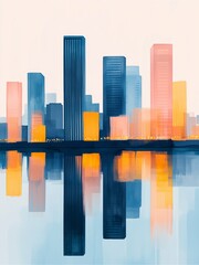 Abstract cityscape with colorful skyscrapers and reflections in watercolor style.