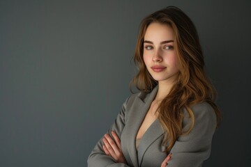 A businesswoman posing for a photo in a gray suit, ready for a meeting or presentation