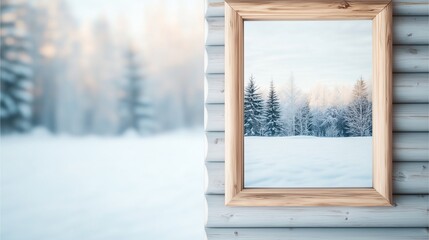 Winter forest landscape viewed through wooden frame on log cabin.