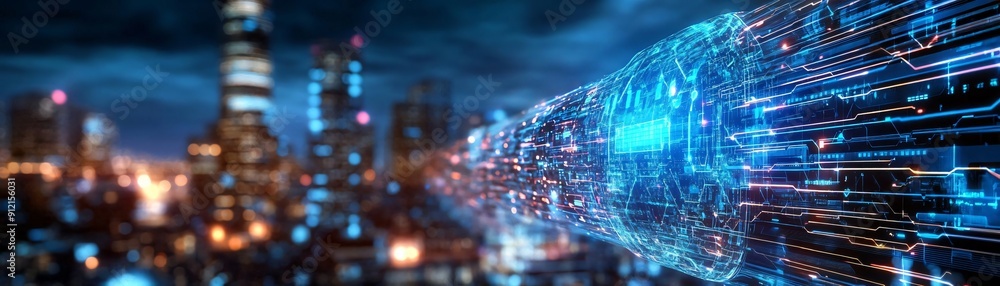 Poster a futuristic cityscape with glowing technology and data streams representing digital innovation and 