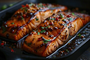 Pan-seared teriyaki salmon prepared from scratch.