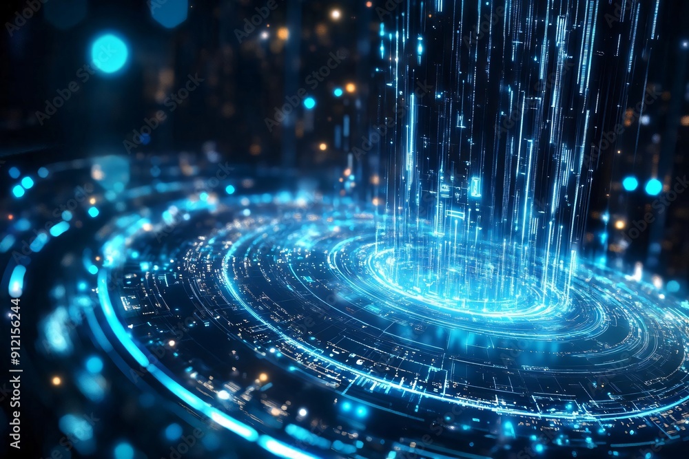 Poster Futuristic abstract background with glowing blue lines and particles creating a dynamic digital vortex effect.