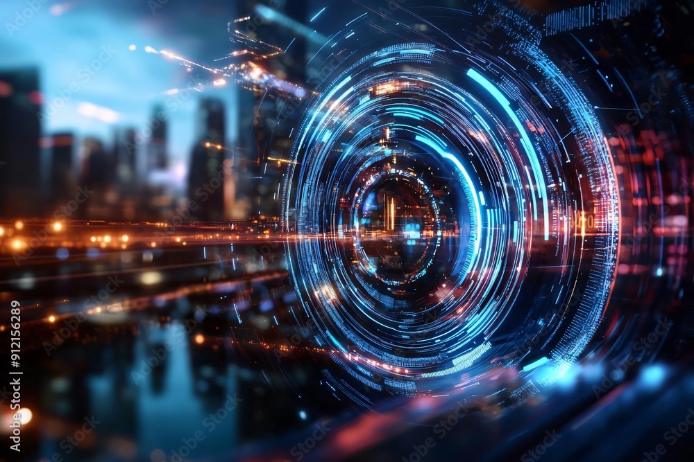 Poster futuristic cityscape with vibrant lights and abstract circular patterns, showcasing advanced technol