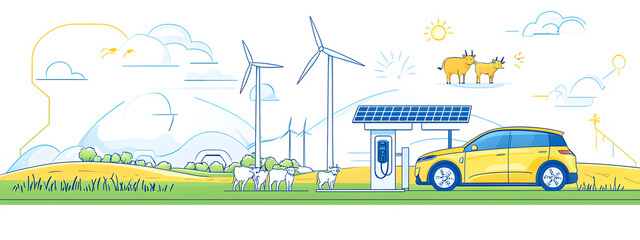 line art illustration of sustainable energy, wind turbines and solar panels in the background with electric car
