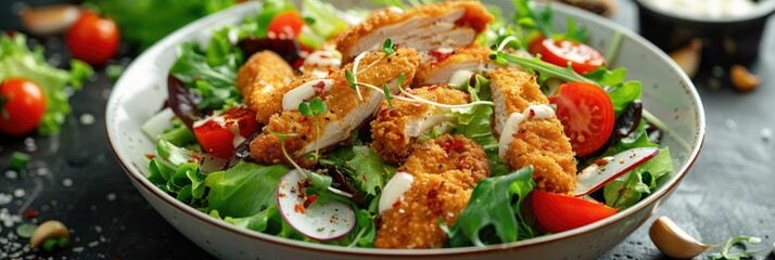 Caesar Crispy Chicken Salad with Breaded Chicken Breast Lettuce Cherry Tomatoes Cheese and Garlic Herb Croutons on Table in Fast Food Restaurant