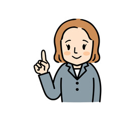 笑顔で上を指さすスーツ姿の女性