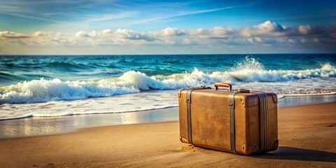 Vintage suitcase resting on sandy beach with ocean waves in background, travel, retro, nostalgia, vacation, relaxation, beach, coast